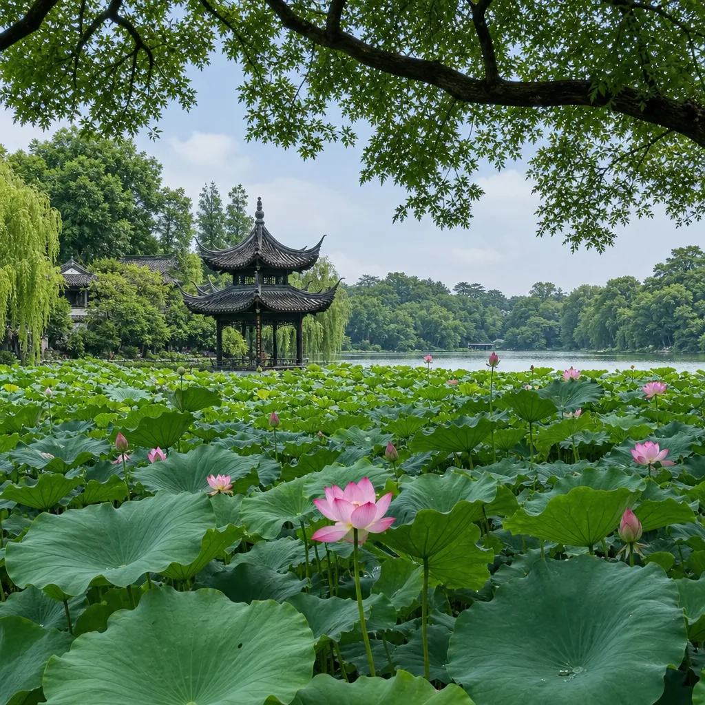 Winding Courtyard and Lotus in Breeze